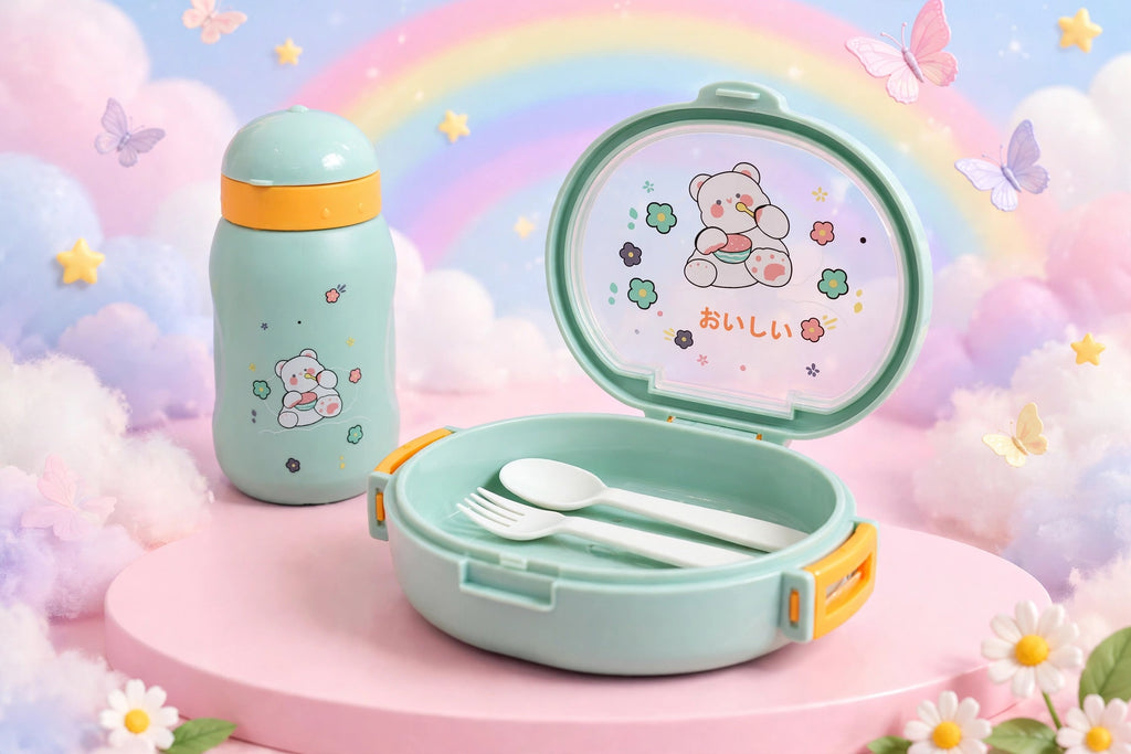 Green Bear Round Kids Lunch Box & Bottle Set