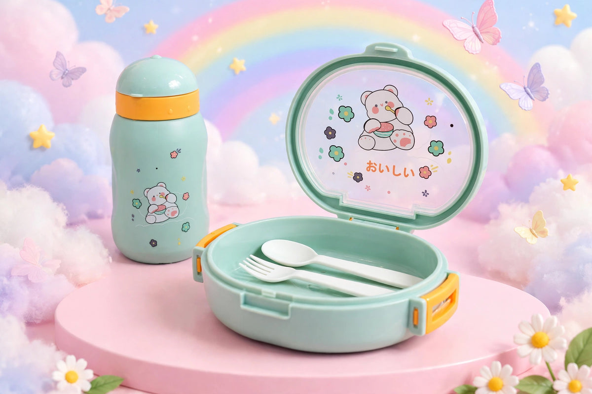 Green Bear Round Kids Lunch Box & Bottle Set
