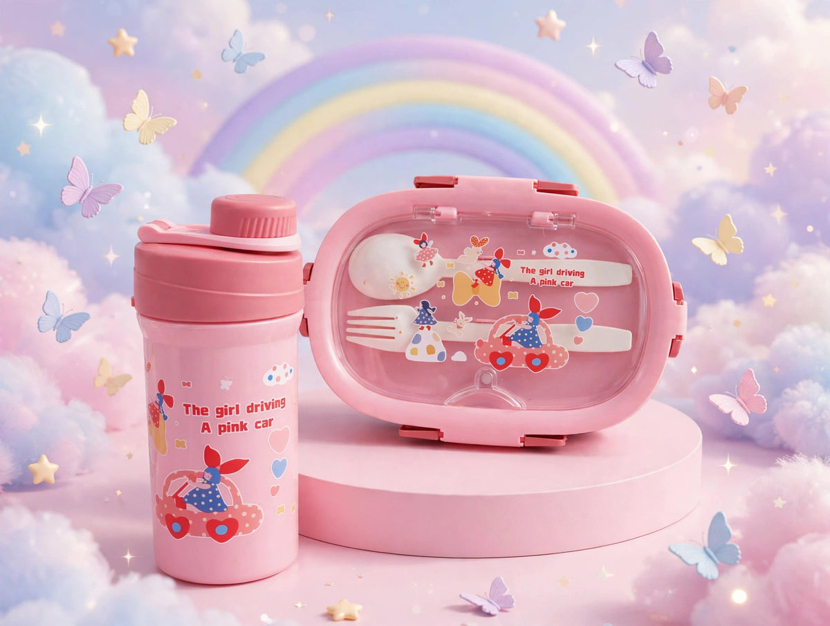 Pink Car Kids Lunch Box & Bottle Set