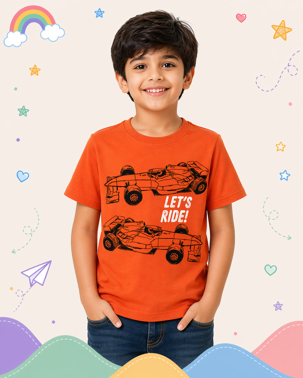Pinola Boys Orange Graphic T-Shirt – Racing Car “Let’s Ride” Print