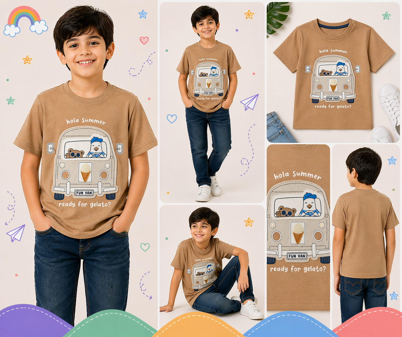 Pinola Kids Brown Graphic T-Shirt – Fun Van “Hola Summer” Print