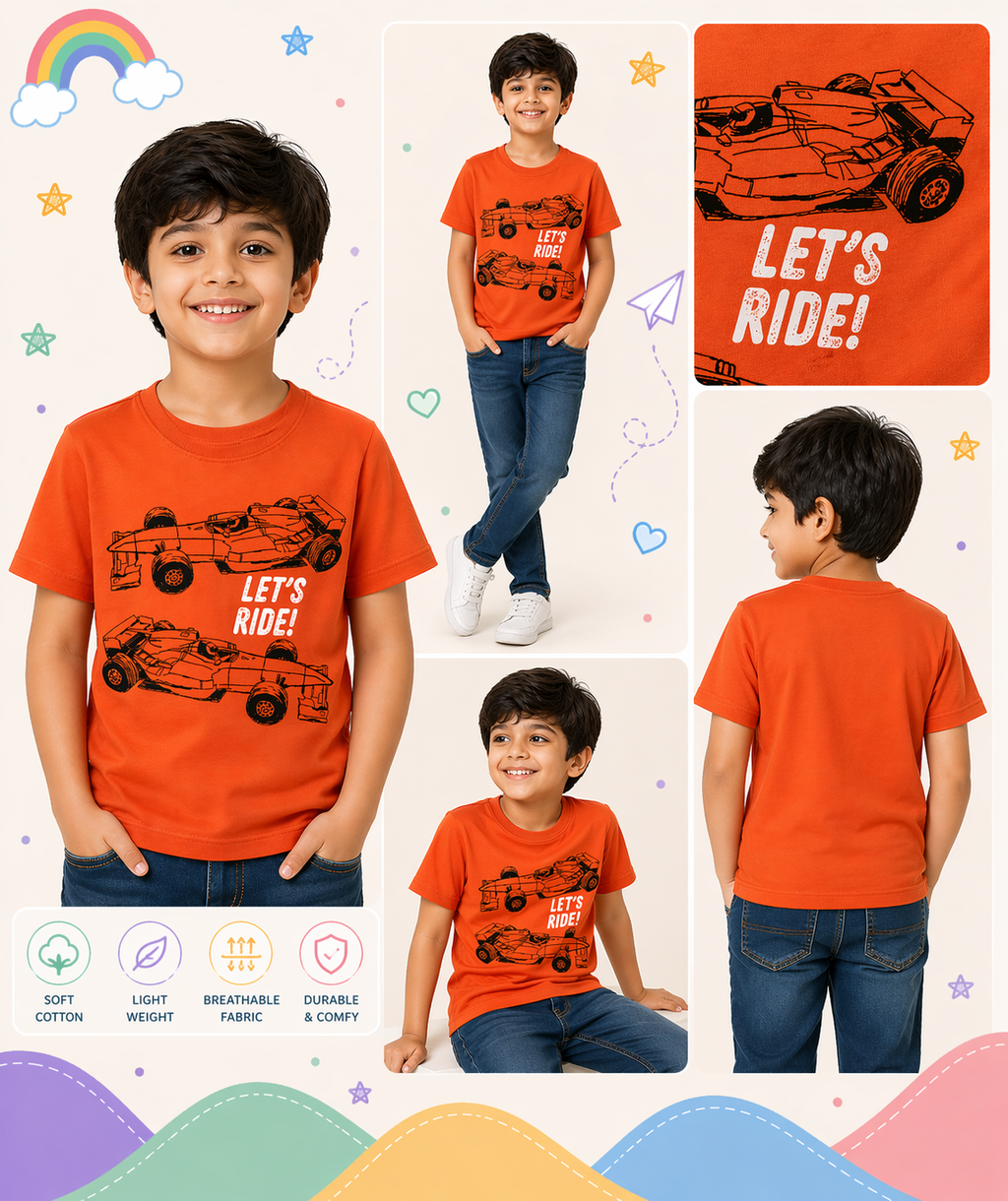 Pinola Boys Orange Graphic T-Shirt – Racing Car “Let’s Ride” Print