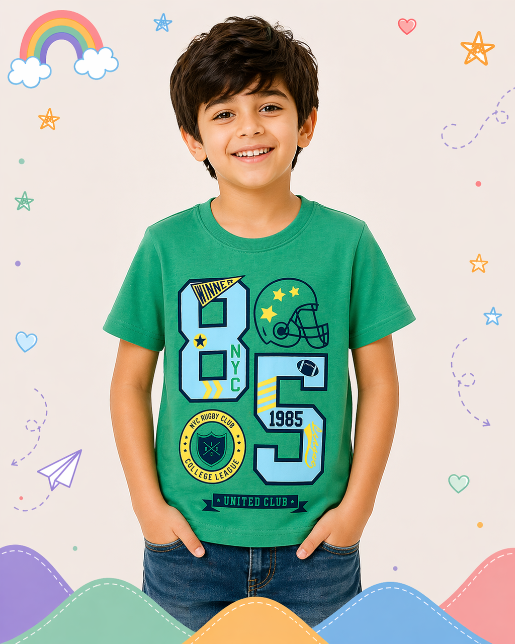 Pinola Boys Green Graphic T-Shirt – 85 Sports Print Casual Tee