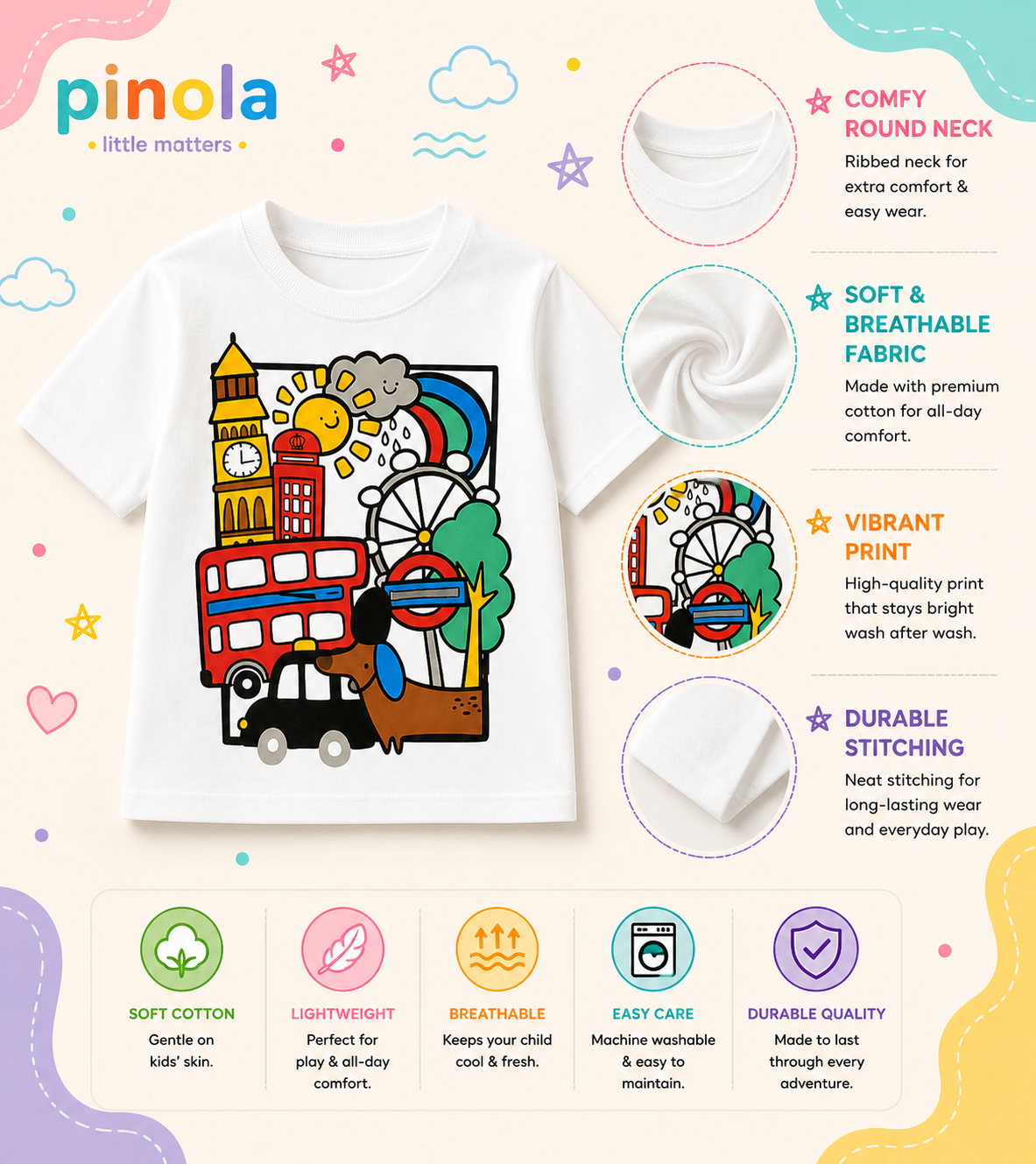 Pinola London Fun Kids T-Shirt – White