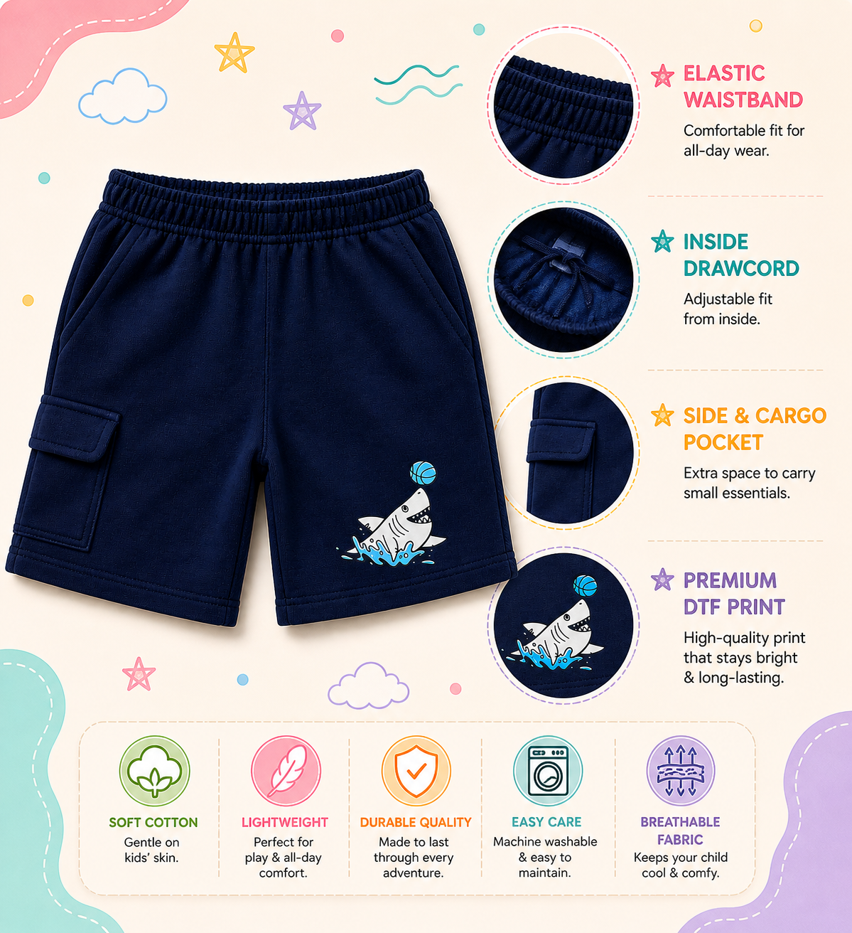 Pinola Shark Splash Kids Shorts – Navy