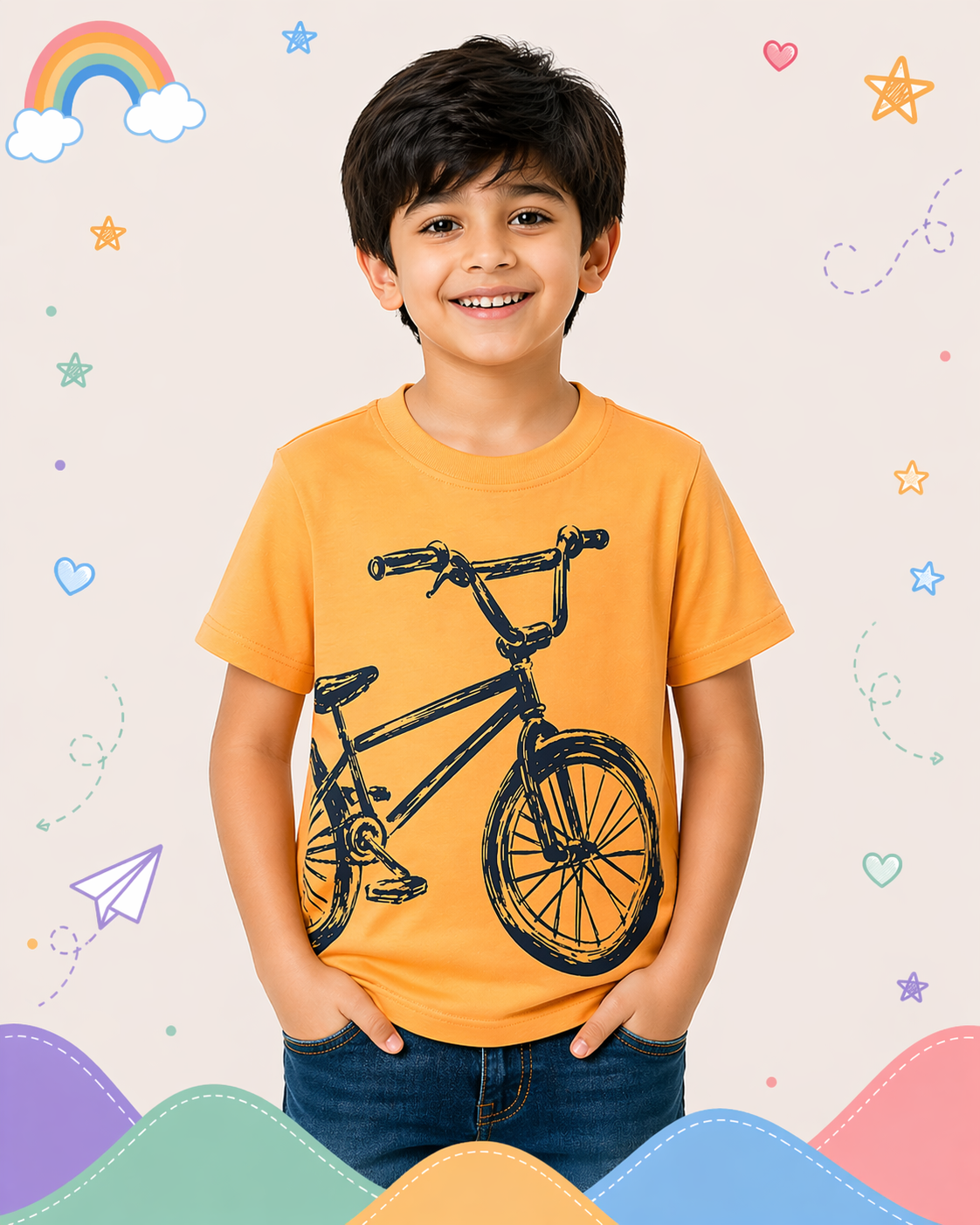 Pinola Boys Orange Graphic T-Shirt – Bicycle Print Casual Tee