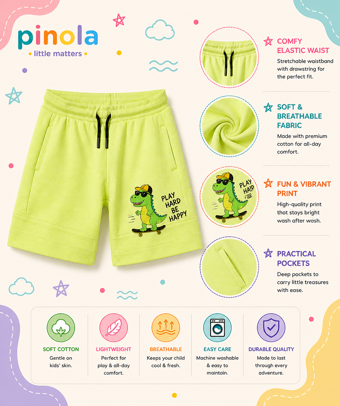 Pinola Dino Ride Kids Shorts – Neon Green