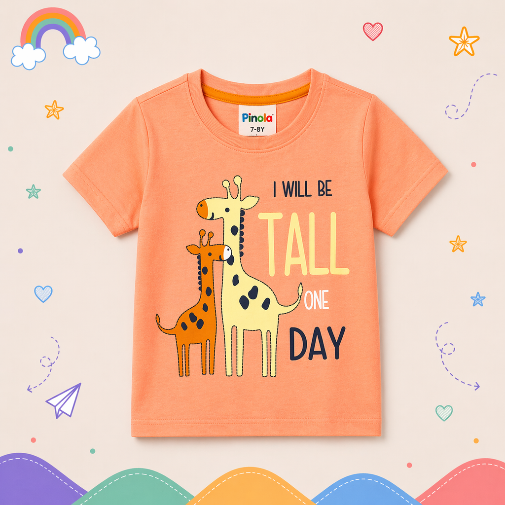 Pinola Kids Orange Graphic T-Shirt – Giraffe “I Will Be Tall” Print