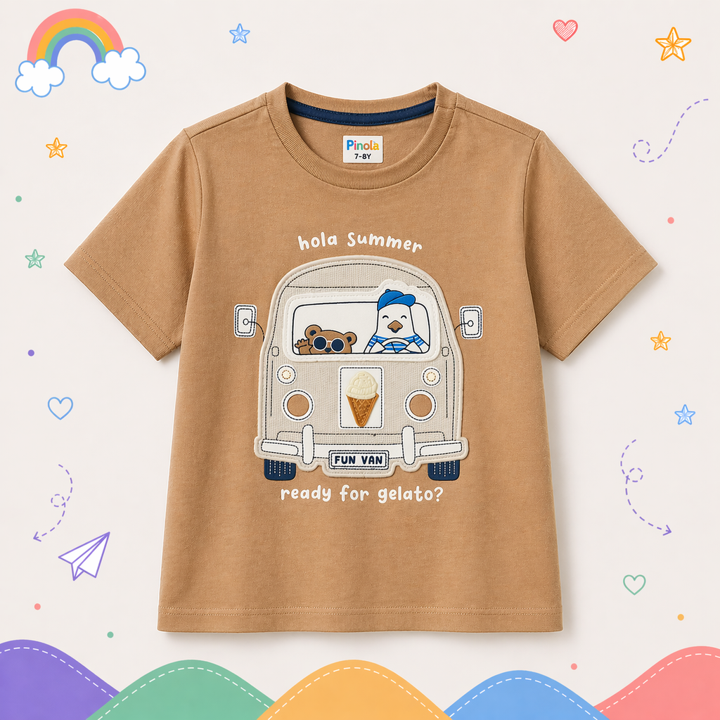 Pinola Kids Brown Graphic T-Shirt – Fun Van “Hola Summer” Print
