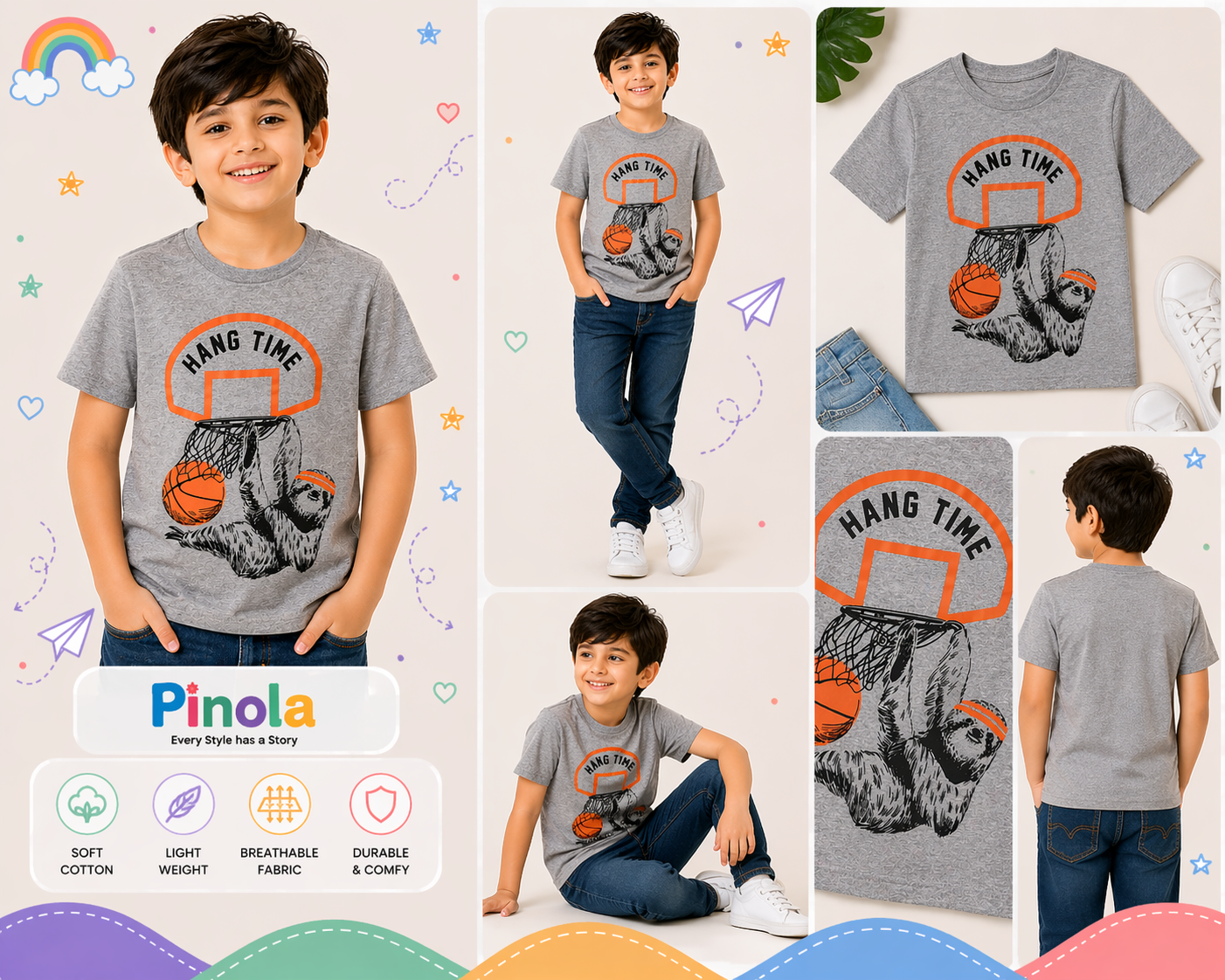 Pinola Boys Grey Graphic T-Shirt – Hang Time Basketball Sloth Print