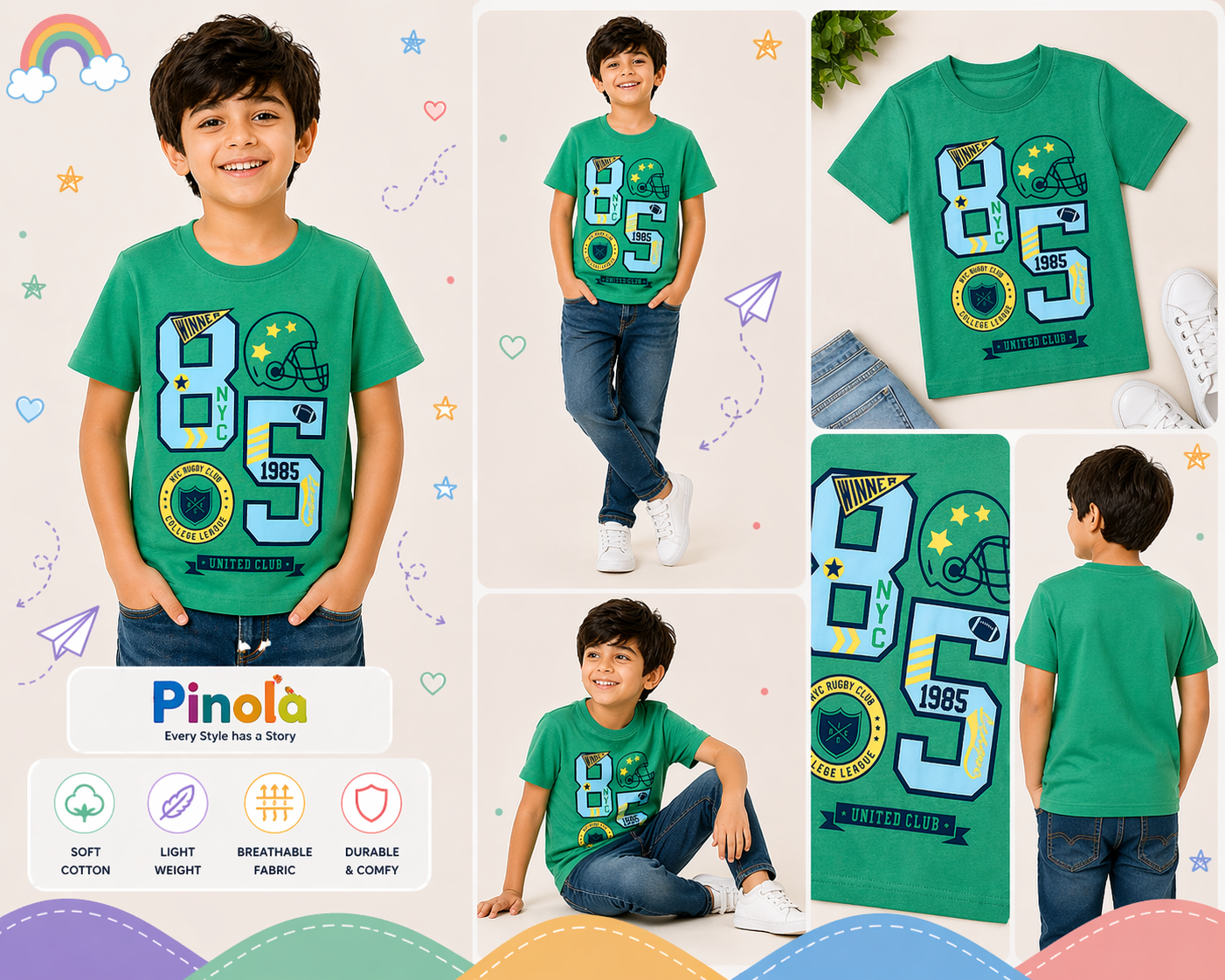 Pinola Boys Green Graphic T-Shirt – 85 Sports Print Casual Tee