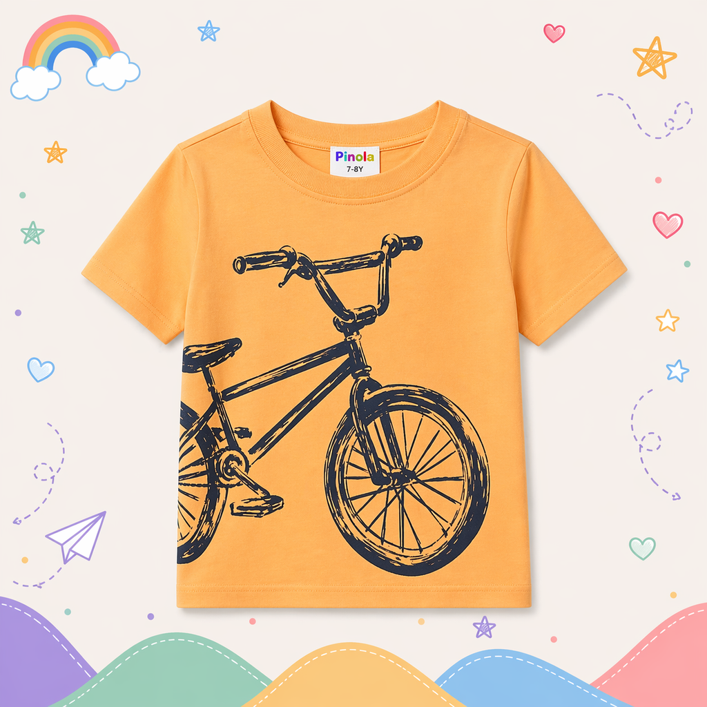 Pinola Boys Orange Graphic T-Shirt – Bicycle Print Casual Tee