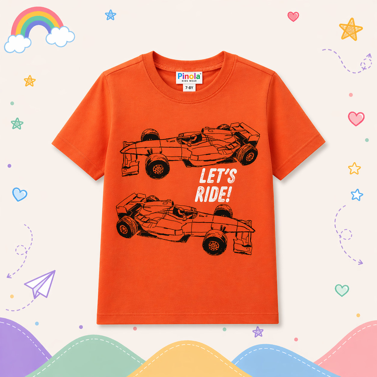 Pinola Boys Orange Graphic T-Shirt – Racing Car “Let’s Ride” Print