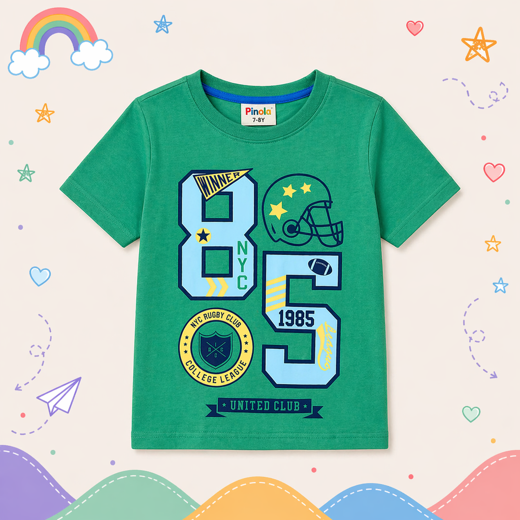 Pinola Boys Green Graphic T-Shirt – 85 Sports Print Casual Tee