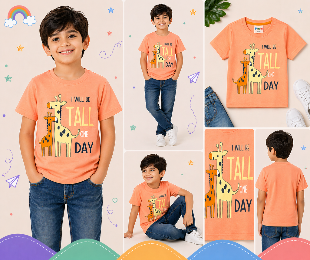Pinola Kids Orange Graphic T-Shirt – Giraffe “I Will Be Tall” Print