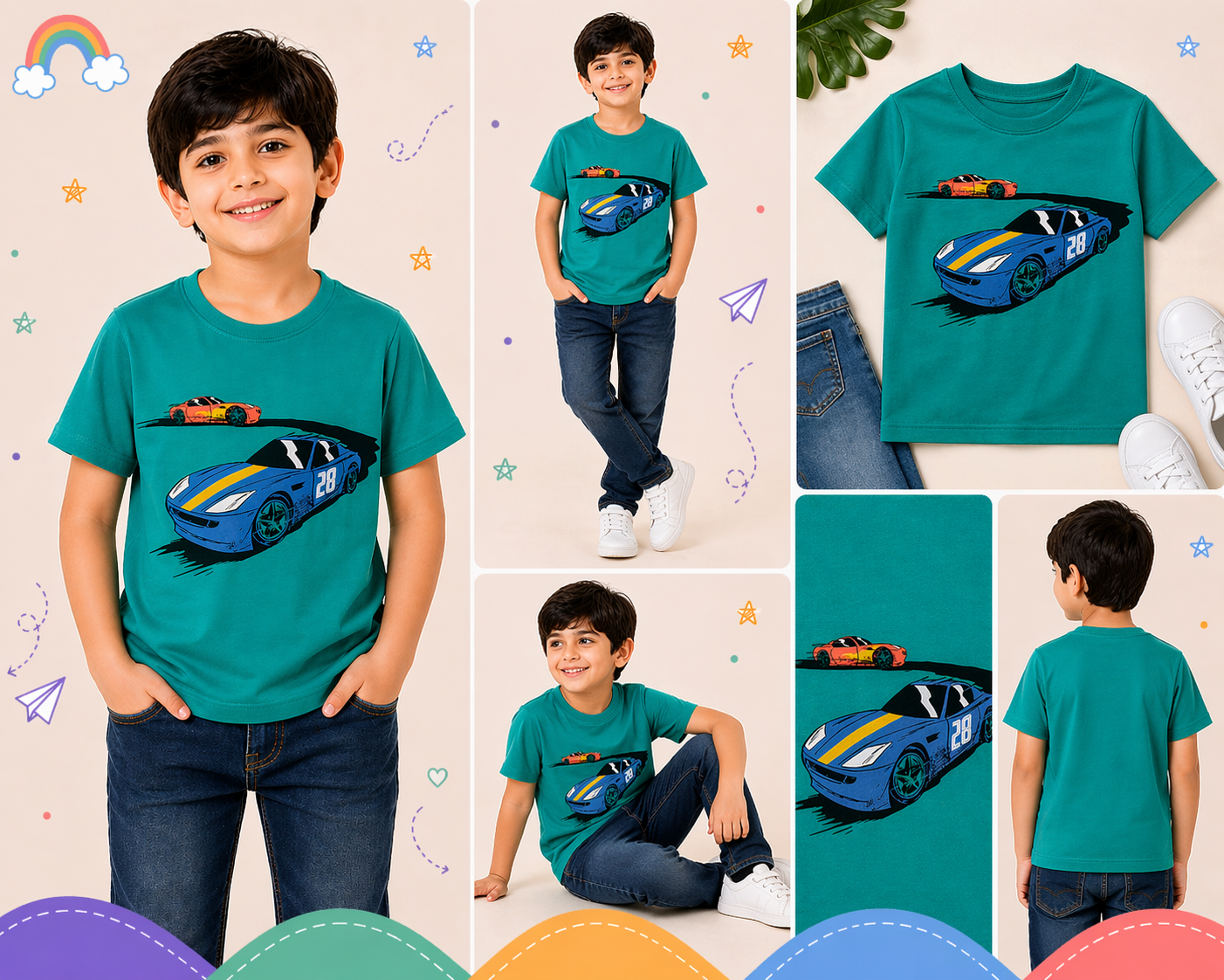 Pinola Boys Teal Graphic T-Shirt – Racing Cars Print Casual Tee