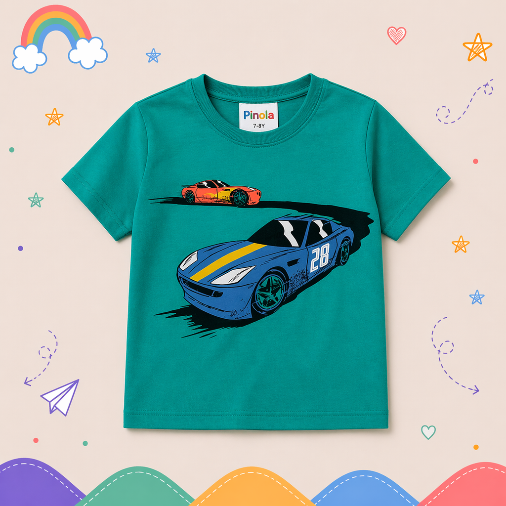 Pinola Boys Teal Graphic T-Shirt – Racing Cars Print Casual Tee