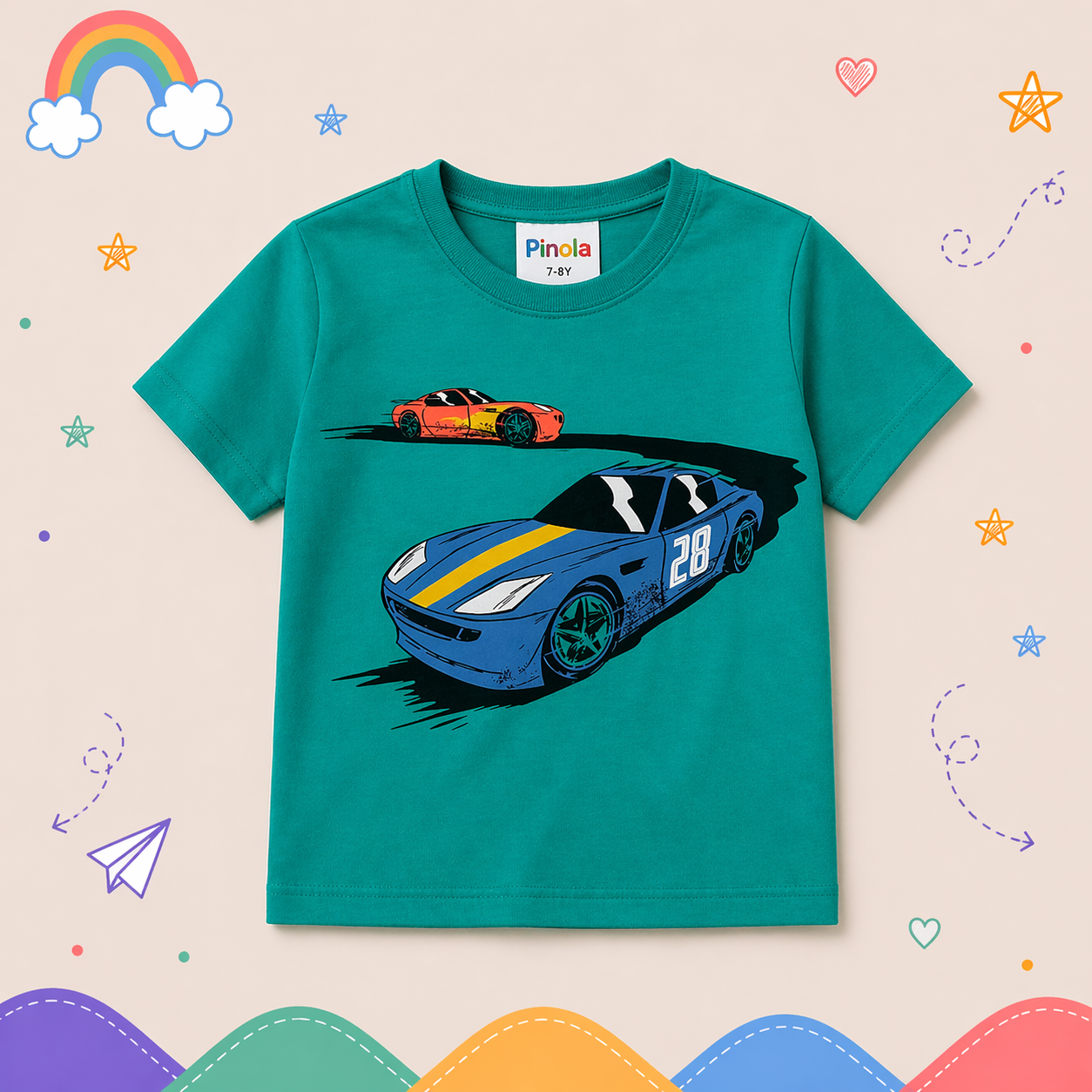 Pinola Boys Teal Graphic T-Shirt – Racing Cars Print Casual Tee