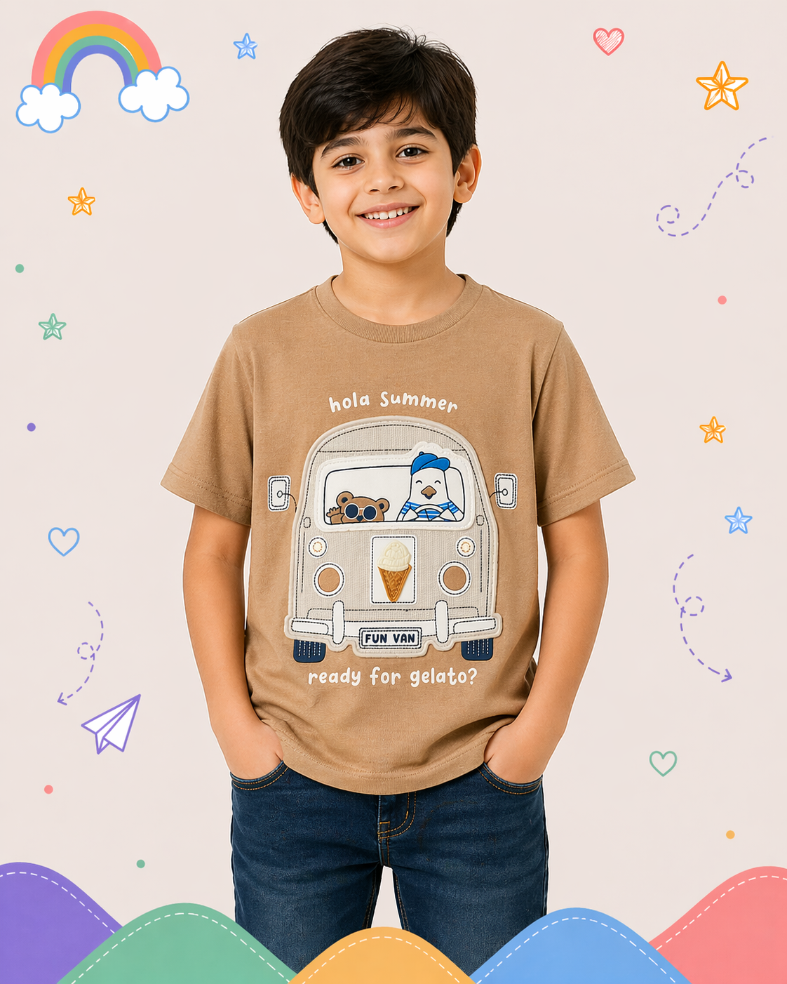 Pinola Kids Brown Graphic T-Shirt – Fun Van “Hola Summer” Print