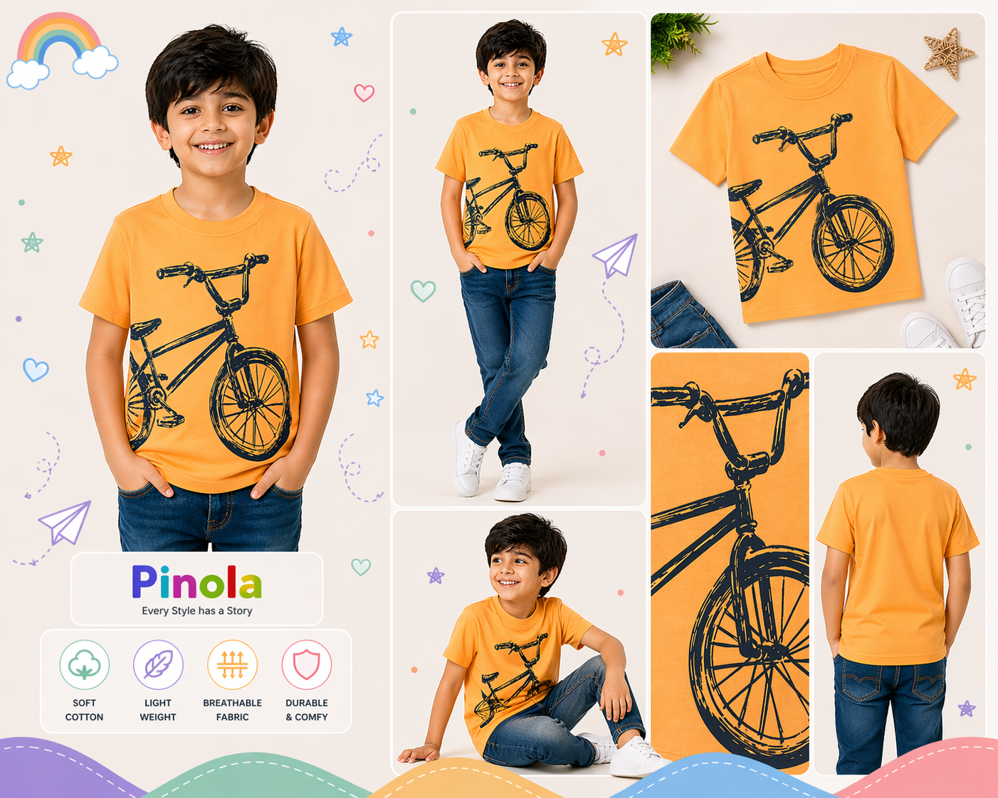 Pinola Boys Orange Graphic T-Shirt – Bicycle Print Casual Tee