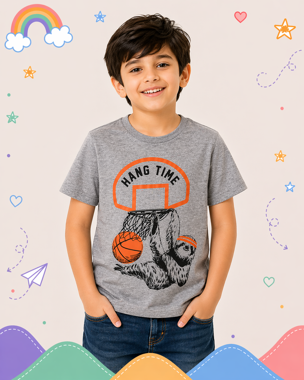 Pinola Boys Grey Graphic T-Shirt – Hang Time Basketball Sloth Print
