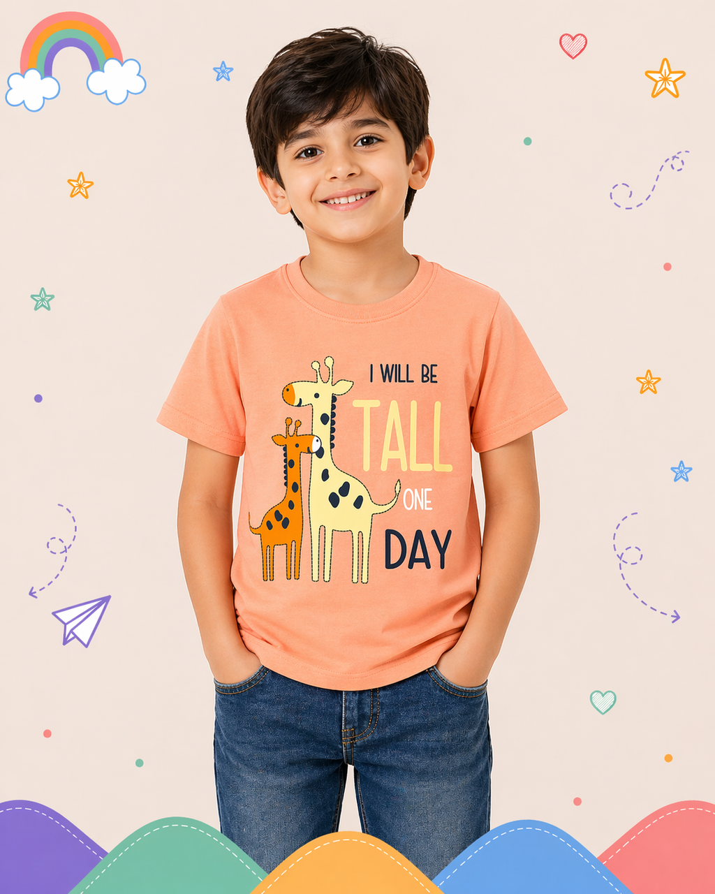 Pinola Kids Orange Graphic T-Shirt – Giraffe “I Will Be Tall” Print