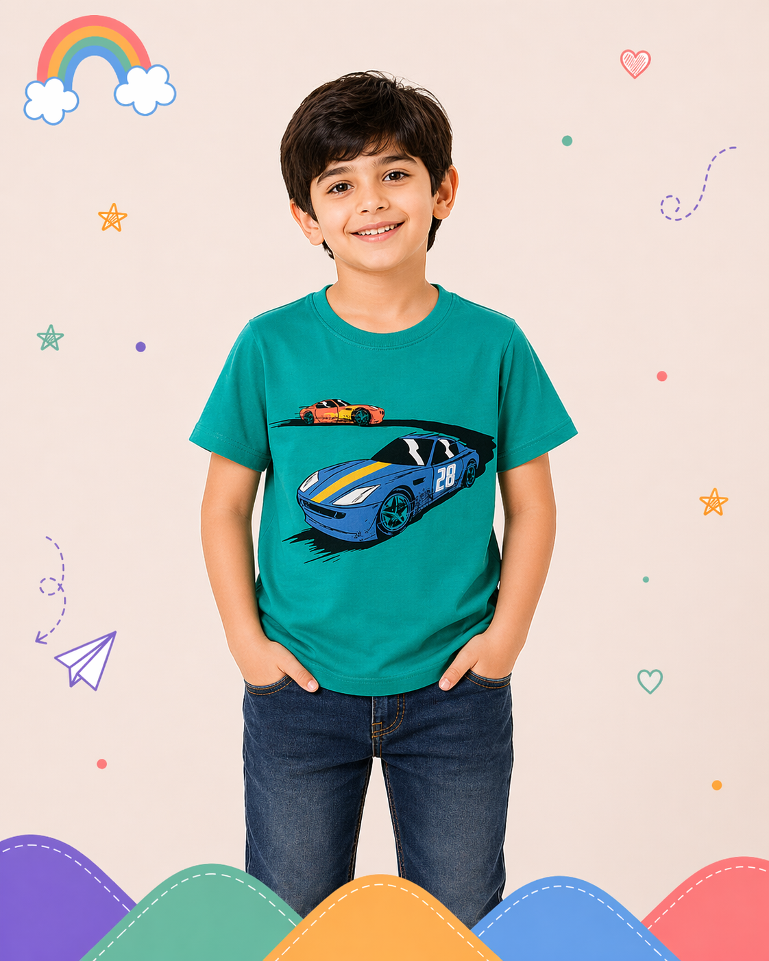 Pinola Boys Teal Graphic T-Shirt – Racing Cars Print Casual Tee