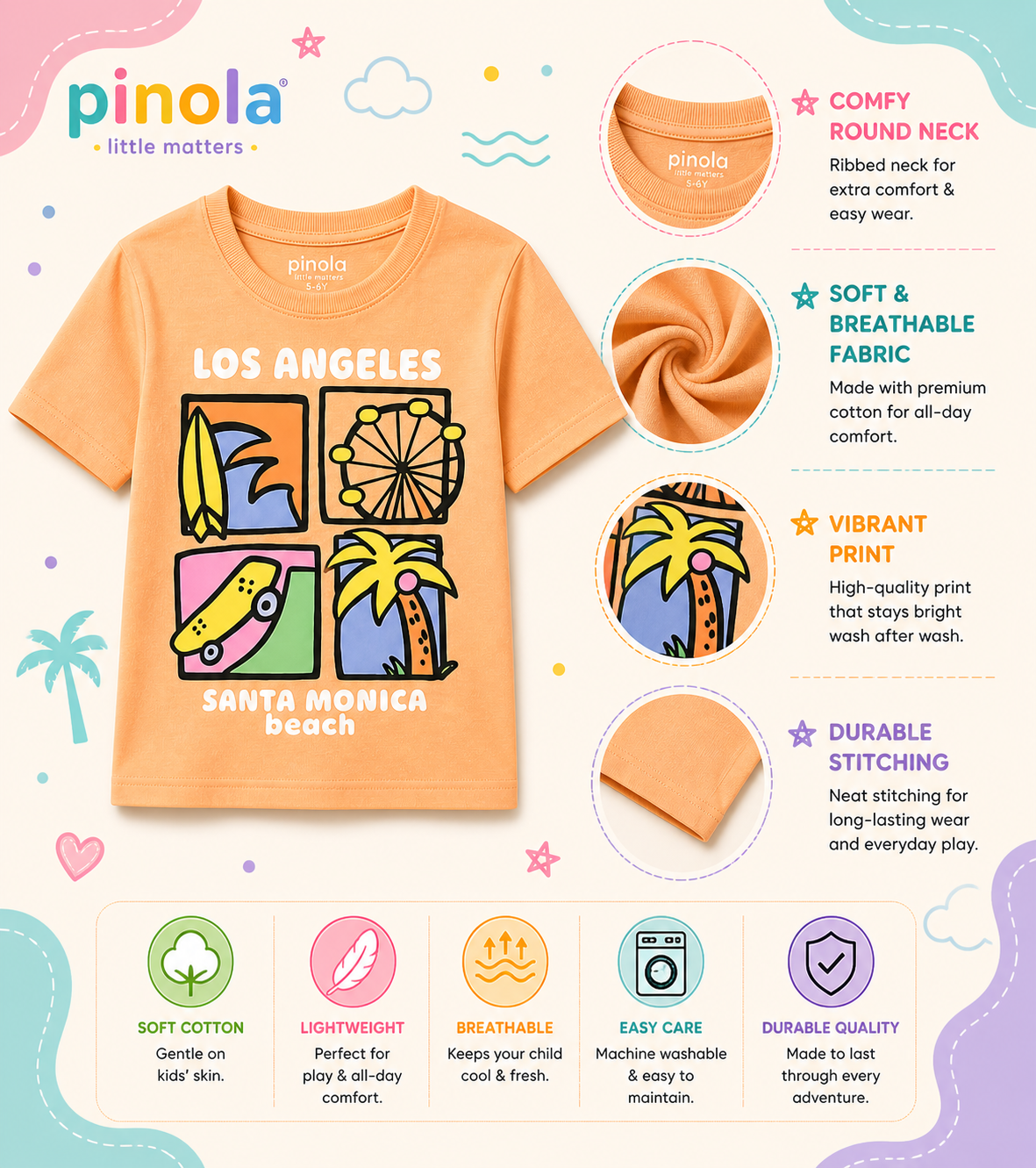 Pinola LA Vibes Kids T-Shirt – Peach